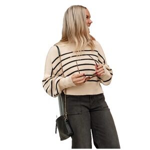 Striped Cream and Black Turtleneck Sweater